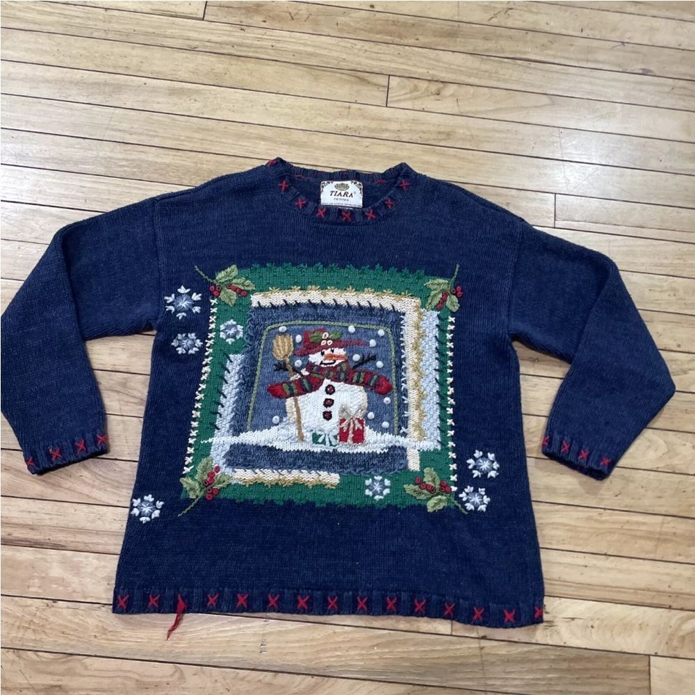 TIARA PETITES Christmas Sweater Womens M Ramie Linen Knit Blue Snowman Holiday M - Picture 14 of 16